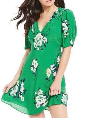 FREE PEOPLE Emerald Green Floral V-Neck Flirty Dress